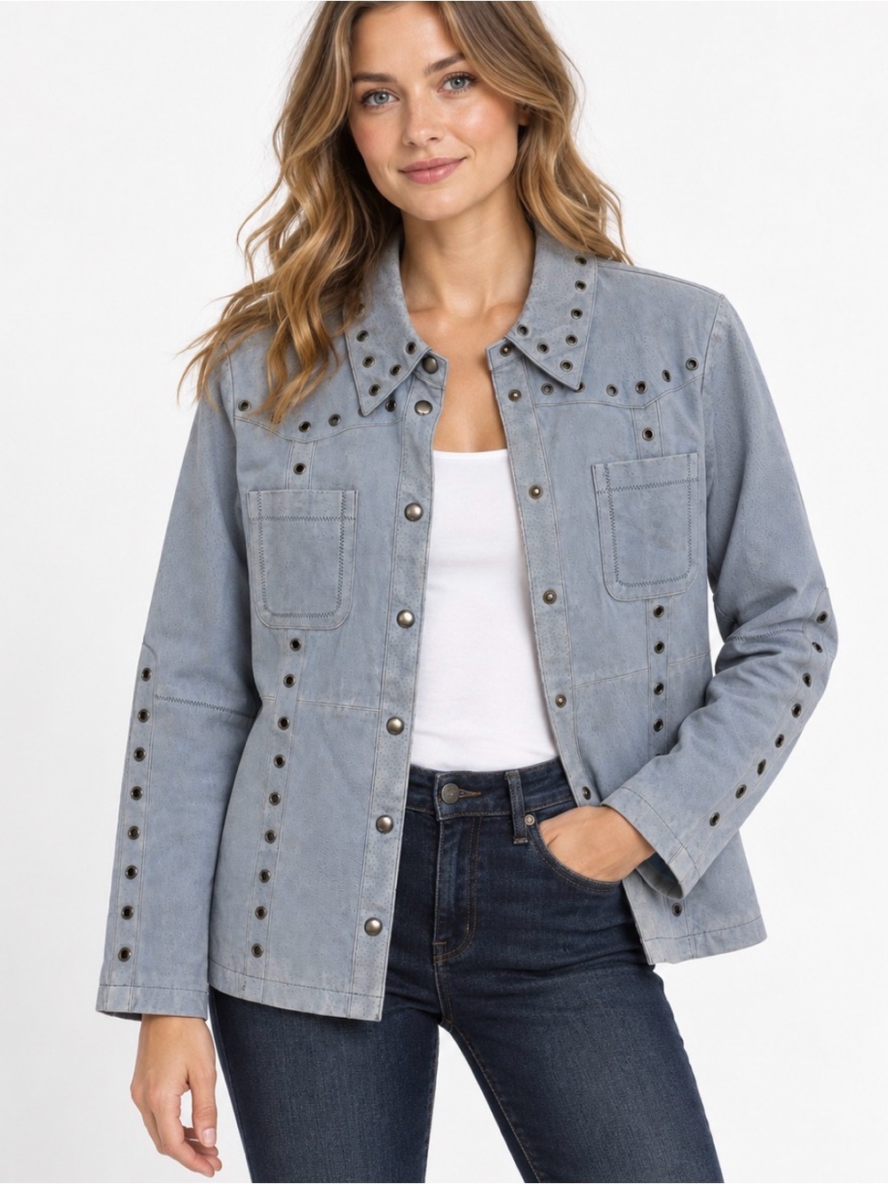 Vintage Robert Louis Light Blue Stud-Accent Suede Jacket
